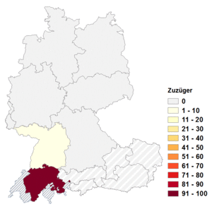 Relative Auftretenshäufigkeit von Zuzüger innerhalb der einzelnen Areale im Verhältnis zu Zuzügler (in %)