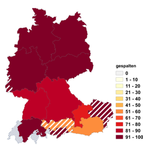 Relative Auftretenshäufigkeit von gespalten innerhalb der einzelnen Areale im Verhältnis zu gespaltet (in %)