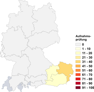 Relative Auftretenshäufigkeit von Aufnahmsprüfung innerhalb der einzelnen Areale im Verhältnis zu Aufnahmeprüfung (in %)