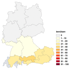 Relative Auftretenshäufigkeit von benützen innerhalb der einzelnen Areale im Verhältnis zu benutzen (in %)