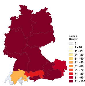 Relative Auftretenshäufigkeit von dank + Genitiv innerhalb der einzelnen Areale im Verhältnis zu dank + Dativ (in %)