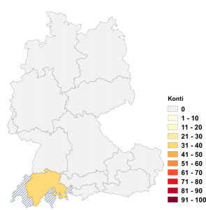 Relative Auftretenshäufigkeit von Konti innerhalb der einzelnen Areale im Verhältnis zu Konten (in %)
