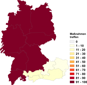 Relative Auftretenshäufigkeit von Maßnahmen treffen innerhalb der einzelnen Areale im Verhältnis zu Maßnahmen setzen (in %)
