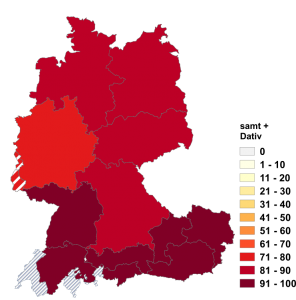 Relative Auftretenshäufigkeit von samt + Dativ innerhalb der einzelnen Areale im Verhältnis zu samt + Genitiv (in %)