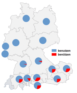 Relative Auftretenshäufigkeit von benutzen / benützen innerhalb der einzelnen Areale