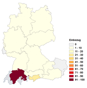 Relative Auftretenshäufigkeit von Einbezug innerhalb der einzelnen Areale im Verhältnis zu Einbeziehung (in %)