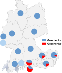 Relative Auftretenshäufigkeit von Geschenk- / Geschenks- innerhalb der einzelnen Areale