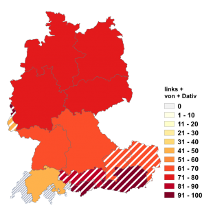 Relative Auftretenshäufigkeit von links + von + Dativ innerhalb der einzelnen Areale im Verhältnis zu links + Genitiv (in %)