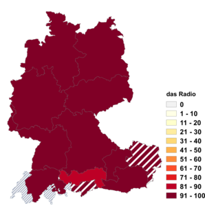 Relative Auftretenshäufigkeit von das Radio innerhalb der einzelnen Areale im Verhältnis zu der Radio (in %)