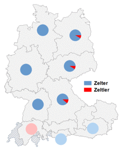 Relative Auftretenshäufigkeit von Zelter / Zeltler innerhalb der einzelnen Areale