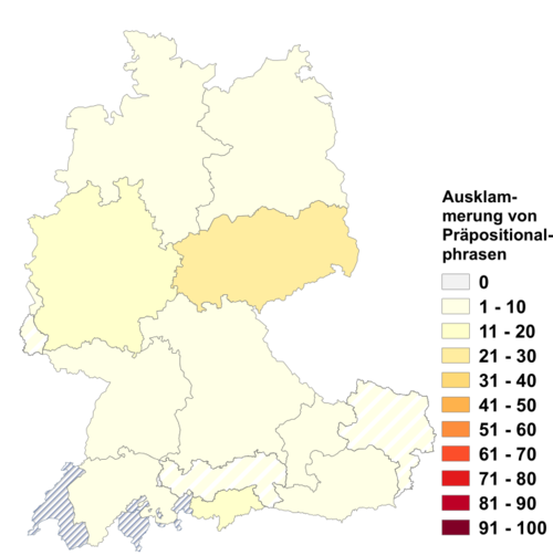 Relative Auftretenshäufigkeit von Ausklammerungen von Präpositionalphrasen innerhalb der einzelnen Areale im Verhältnis zum Gesamtvorkommen in allen Arealen (in %)