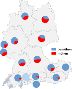 Relative Auftretenshäufigkeit von bemühen / mühen innerhalb der einzelnen Areale