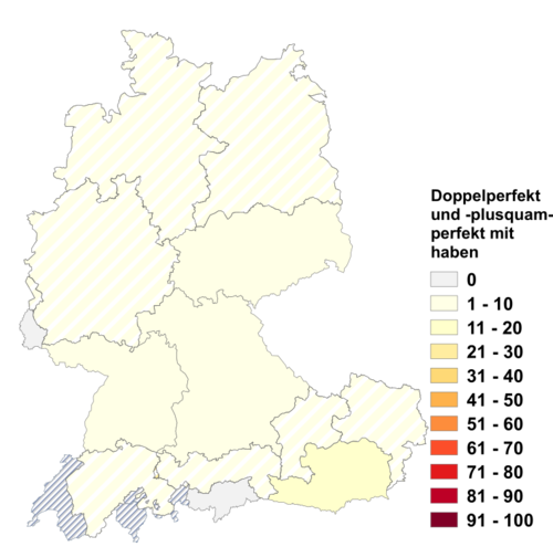 Relative Auftretenshäufigkeit von Doppelperfekt und -plusquamperfekt mit haben innerhalb der einzelnen Areale im Verhältnis zum Gesamtvorkommen in allen Arealen (in %)
