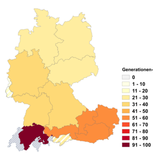 Relative Auftretenshäufigkeit von Generationen- innerhalb der einzelnen Areale im Verhältnis zu Generations- (in %)