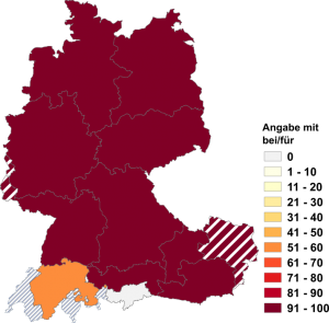 Relative Auftretenshäufigkeit von Angabe mit bei/für innerhalb der einzelnen Areale im Verhältnis zu Angabe im Dativ (in %)