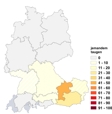 Relative Auftretenshäufigkeit von jemandem taugen innerhalb der einzelnen Areale im Verhältnis zum Gesamtvorkommen in allen Arealen (in %)