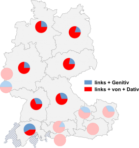 Relative Auftretenshäufigkeit von links + Genitiv / links + von + Dativ innerhalb der einzelnen Areale