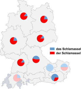 Relative Auftretenshäufigkeit von das Schlamassel / der Schlamassel innerhalb der einzelnen Areale