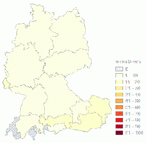 Relative Auftretenshäufigkeit von veruntreuen innerhalb der einzelnen Areale im Verhältnis zum Gesamtvorkommen in allen Arealen (in %)