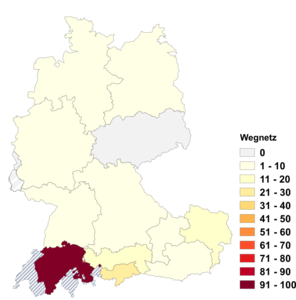 Relative Auftretenshäufigkeit von Wegnetz innerhalb der einzelnen Areale im Verhältnis zu Wegenetz (in %)