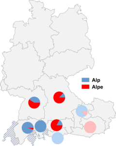 Relative Auftretenshäufigkeit von Alp / Alpe innerhalb der einzelnen Areale
