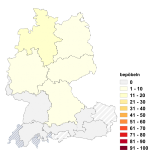 Relative Auftretenshäufigkeit von bepöbeln innerhalb der einzelnen Areale im Verhältnis zu anpöbeln (in %)