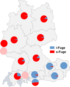 Relative Auftretenshäufigkeit von i-Fuge / s-Fuge innerhalb der einzelnen Areale