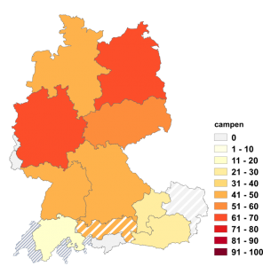 Relative Auftretenshäufigkeit von campen innerhalb der einzelnen Areale im Verhältnis zu campieren (in %)
