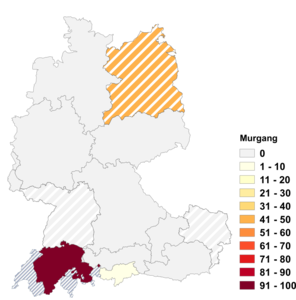 Relative Auftretenshäufigkeit von Murgang innerhalb der einzelnen Areale im Verhältnis zu Mure (in %)