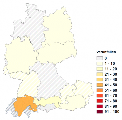 Relative Auftretenshäufigkeit von verunfallen innerhalb der einzelnen Areale im Verhältnis zum Gesamtvorkommen in allen Arealen (in %)