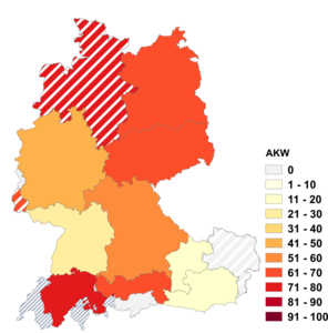 Relative Auftretenshäufigkeit von AKW innerhalb der einzelnen Areale im Verhältnis zu AKWs (in %)