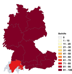 Relative Auftretenshäufigkeit von Beihilfe innerhalb der einzelnen Areale im Verhältnis zu Gehilfenschaft (in %)