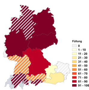 Relative Auftretenshäufigkeit von Füllung innerhalb der einzelnen Areale im Verhältnis zu Fülle (in %)