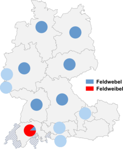 Relative Auftretenshäufigkeit von Feldwebel / Feldweibel innerhalb der einzelnen Areale