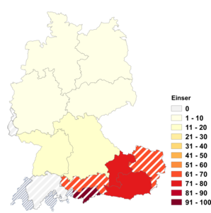 Relative Auftretenshäufigkeit von Einser innerhalb der einzelnen Areale im Verhältnis zu Eins (in %)