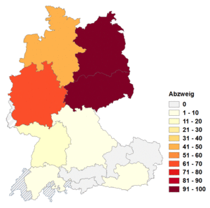 Relative Auftretenshäufigkeit von Abzweig innerhalb der einzelnen Areale im Verhältnis zu Abzweigung (in %)