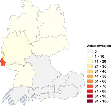 Relative Auftretenshäufigkeit von anfragen mit Akkusativobjekt innerhalb der einzelnen Areale im Verhältnis zum Gesamtvorkommen in allen Arealen (in %)