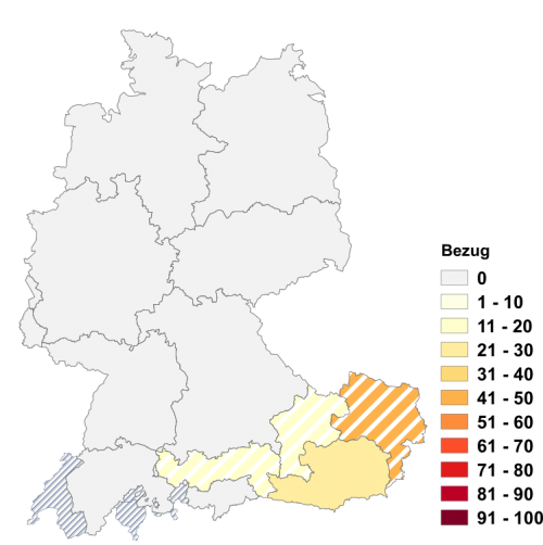Relative Auftretenshäufigkeit von Bezug innerhalb der einzelnen Areale im Verhältnis zum Gesamtvorkommen in allen Arealen (in %)