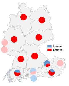 Relative Auftretenshäufigkeit von Cremen / Cremes innerhalb der einzelnen Areale