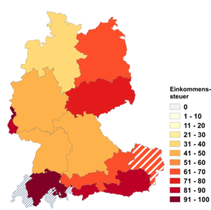 Relative Auftretenshäufigkeit von Einkommenssteuer innerhalb der einzelnen Areale im Verhältnis zu Einkommensteuer (in %)