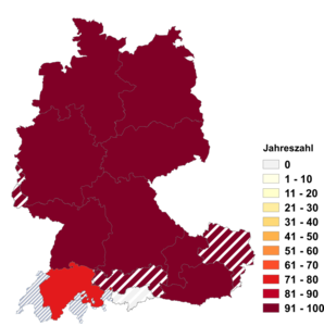 Relative Auftretenshäufigkeit von Jahreszahl innerhalb der einzelnen Areale im Verhältnis zu Jahrzahl (in %)