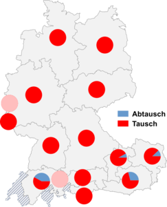 Relative Auftretenshäufigkeit von Abtausch / Tausch innerhalb der einzelnen Areale