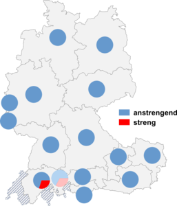 Relative Auftretenshäufigkeit von anstrengend / streng innerhalb der einzelnen Areale