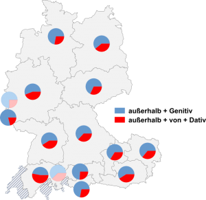 Relative Auftretenshäufigkeit von außerhalb + Gen. / außerhalb + von + Dativ innerhalb der einzelnen Areale