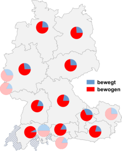 Relative Auftretenshäufigkeit von bewegt / bewogen innerhalb der einzelnen Areale