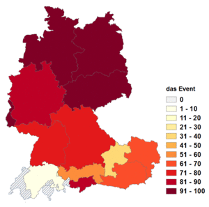 Relative Auftretenshäufigkeit von das Event innerhalb der einzelnen Areale im Verhältnis zu der Event (in %)
