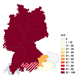 Relative Auftretenshäufigkeit von Grill innerhalb der einzelnen Areale im Verhältnis zu Griller (in %)