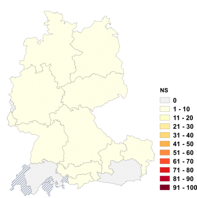 Relative Auftretenshäufigkeit von NS innerhalb der einzelnen Areale im Verhältnis zu ZS und VS (in %)