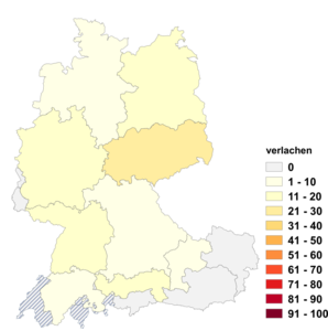 Relative Auftretenshäufigkeit von verlachen innerhalb der einzelnen Areale im Verhältnis zu auslachen (in %)