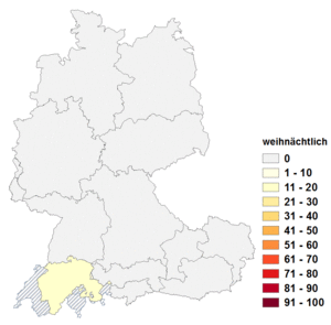 Relative Auftretenshäufigkeit von weihnächtlich innerhalb der einzelnen Areale im Verhältnis zu weihnachtlich (in %)